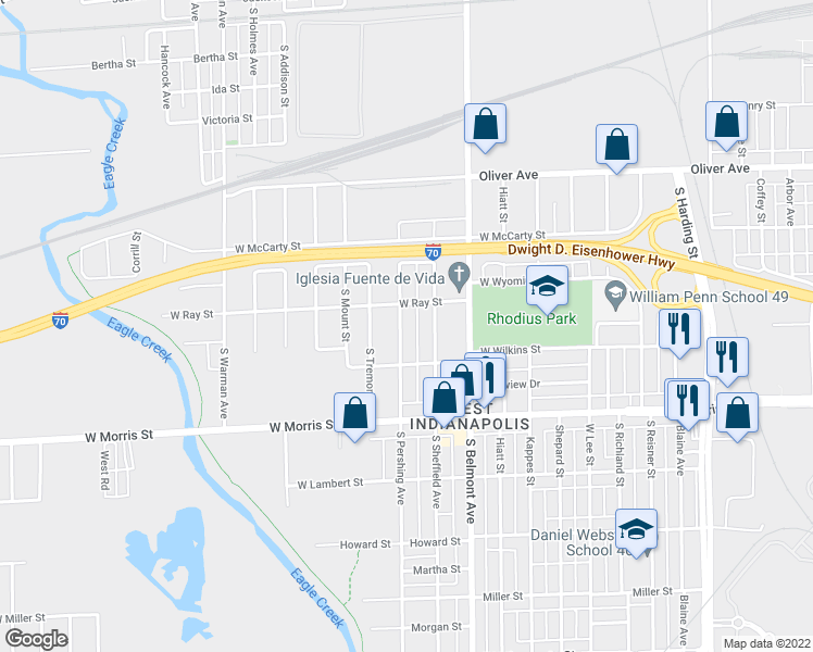 map of restaurants, bars, coffee shops, grocery stores, and more near 1023 South Pershing Avenue in Indianapolis