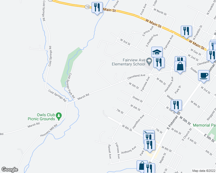 map of restaurants, bars, coffee shops, grocery stores, and more near 574 Cleveland Avenue in Waynesboro