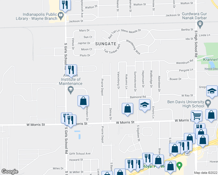 map of restaurants, bars, coffee shops, grocery stores, and more near 840 Delray Drive in Indianapolis