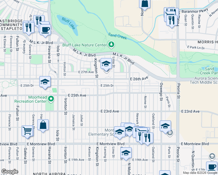 map of restaurants, bars, coffee shops, grocery stores, and more near 11190 East 26th Avenue in Aurora