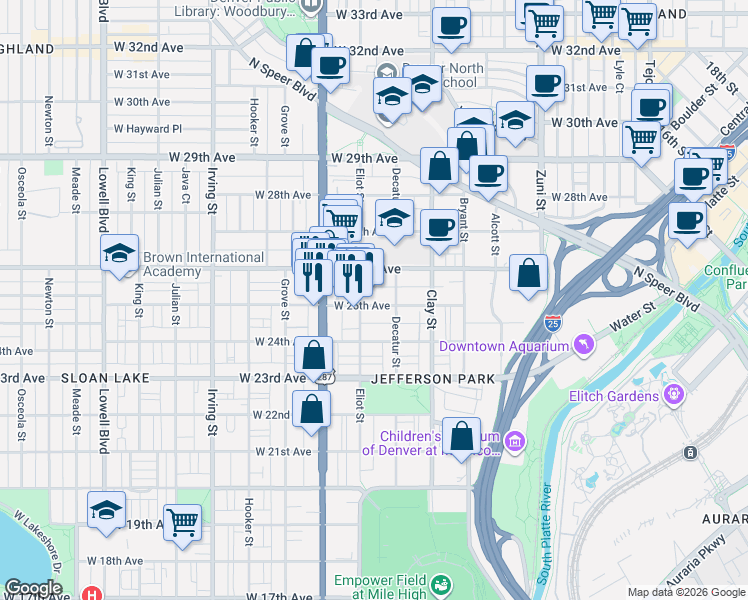 map of restaurants, bars, coffee shops, grocery stores, and more near 2812 West 26th Avenue in Denver