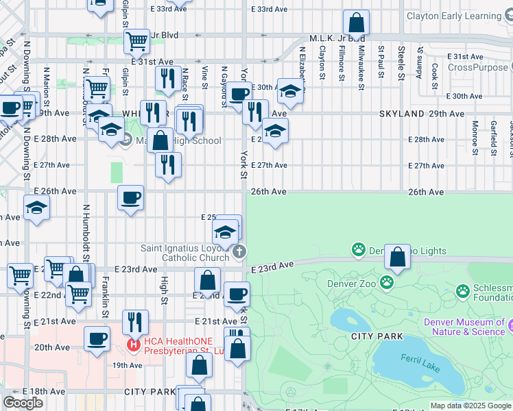 map of restaurants, bars, coffee shops, grocery stores, and more near 2500 York Street in Denver