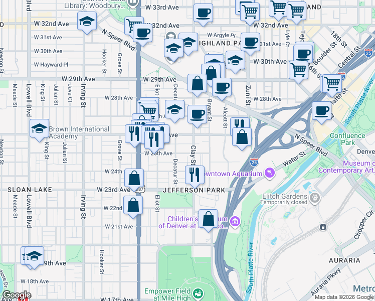 map of restaurants, bars, coffee shops, grocery stores, and more near 2714 West 26th Avenue in Denver