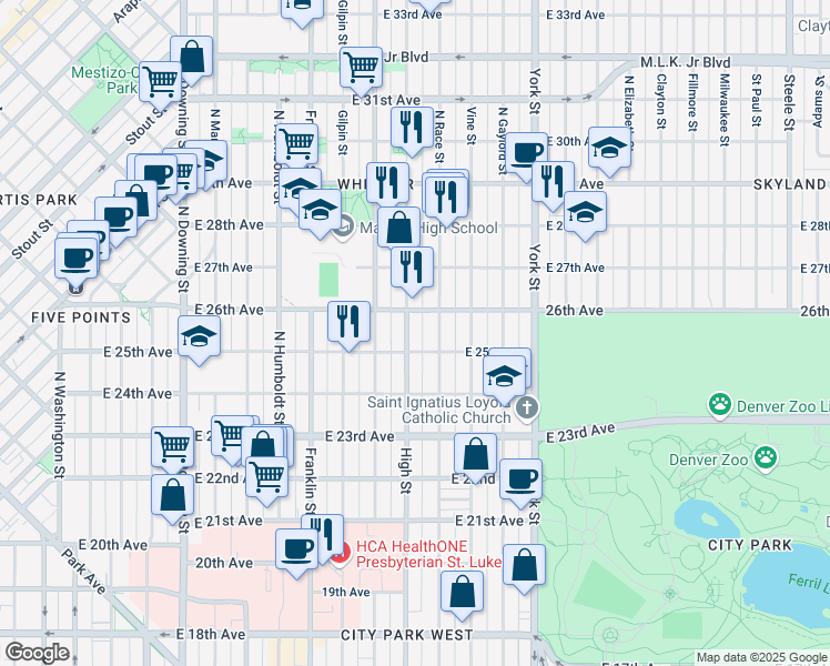 map of restaurants, bars, coffee shops, grocery stores, and more near 1915 East 26th Avenue in Denver
