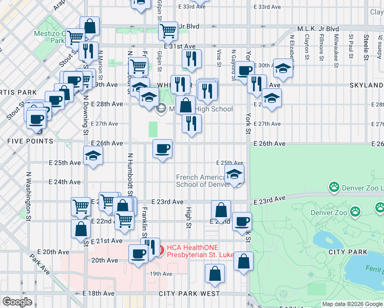 map of restaurants, bars, coffee shops, grocery stores, and more near 1915 East 26th Avenue in Denver