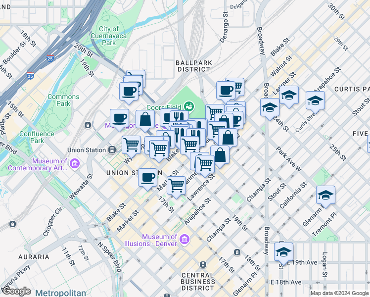 map of restaurants, bars, coffee shops, grocery stores, and more near 2005 Market Street in Denver