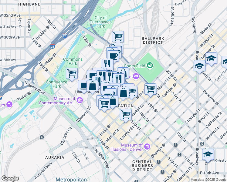 map of restaurants, bars, coffee shops, grocery stores, and more near in Denver