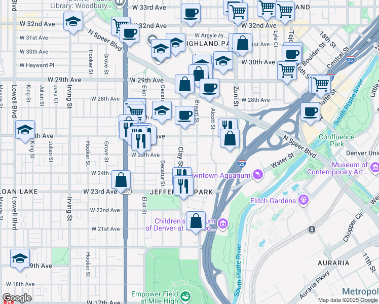 map of restaurants, bars, coffee shops, grocery stores, and more near 2620 West 26th Avenue in Denver