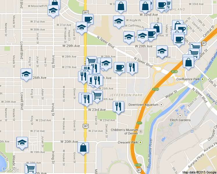 map of restaurants, bars, coffee shops, grocery stores, and more near 2812 West 26th Avenue in Denver