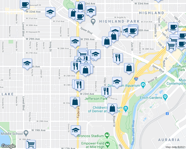 map of restaurants, bars, coffee shops, grocery stores, and more near 2812 West 26th Avenue in Denver