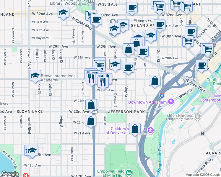 map of restaurants, bars, coffee shops, grocery stores, and more near 2812 West 26th Avenue in Denver