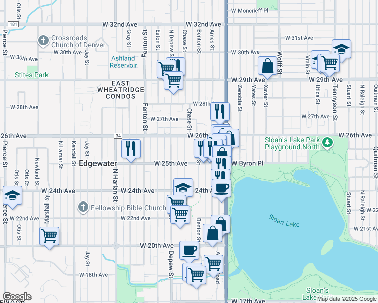 map of restaurants, bars, coffee shops, grocery stores, and more near 2591 Chase Street in Denver