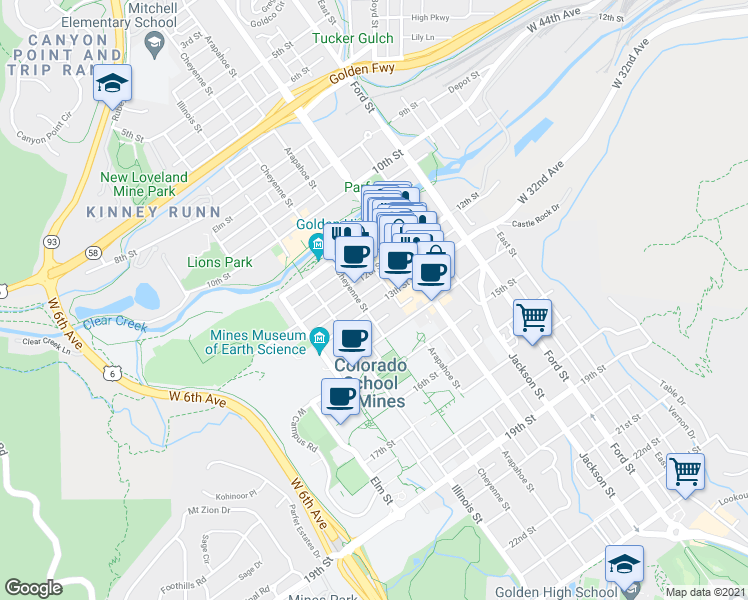map of restaurants, bars, coffee shops, grocery stores, and more near 1211 Arapahoe Street in Golden