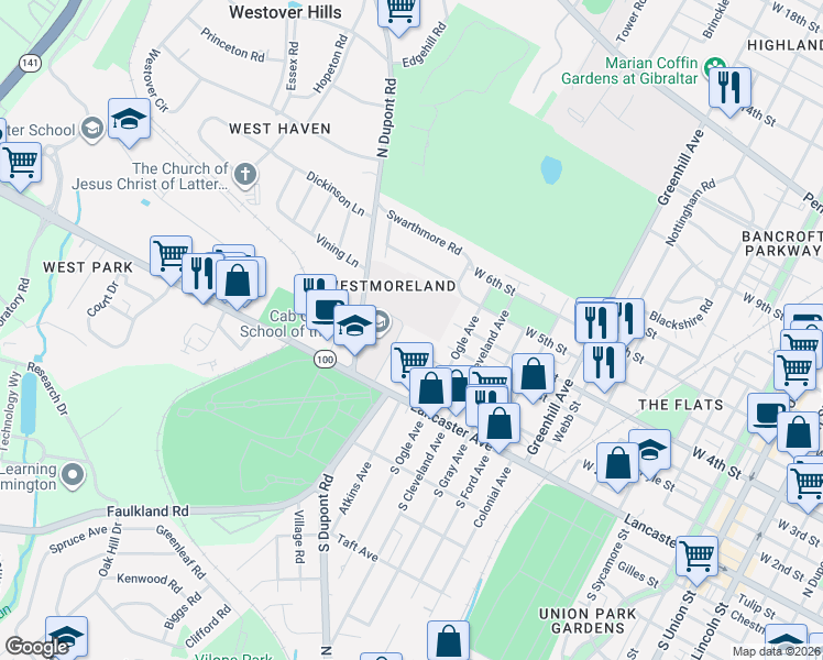 map of restaurants, bars, coffee shops, grocery stores, and more near in Wilmington