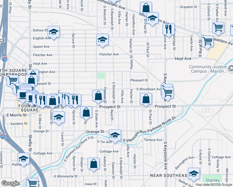 map of restaurants, bars, coffee shops, grocery stores, and more near 1832 Woodlawn Avenue in Indianapolis