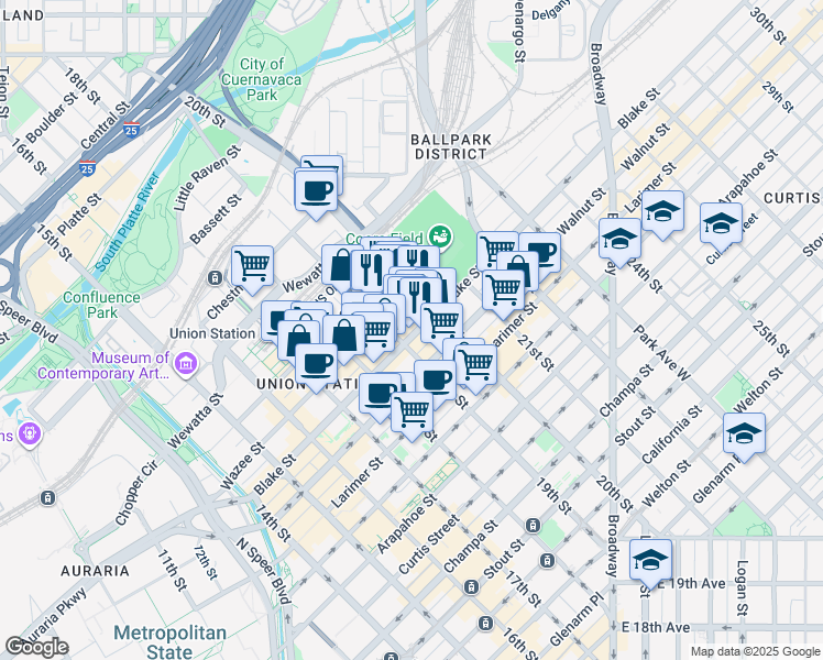 map of restaurants, bars, coffee shops, grocery stores, and more near 1962 Wazee Street in Denver