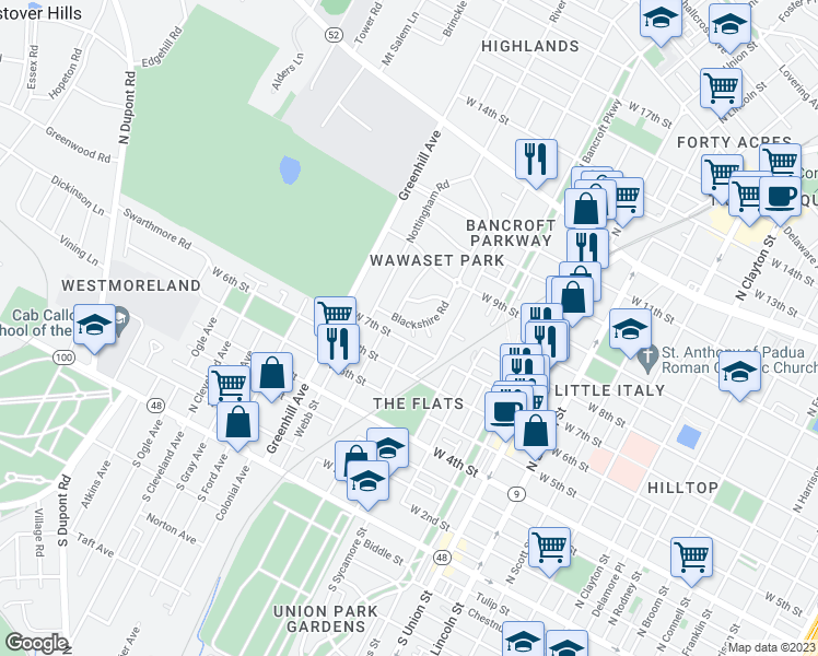 map of restaurants, bars, coffee shops, grocery stores, and more near 8 North Bedford Court in Wilmington