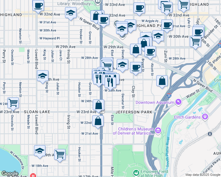 map of restaurants, bars, coffee shops, grocery stores, and more near 2920 West 26th Avenue in Denver