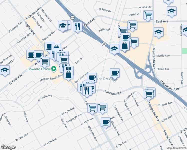 map of restaurants, bars, coffee shops, grocery stores, and more near 299 Rio Lindo Avenue in Chico