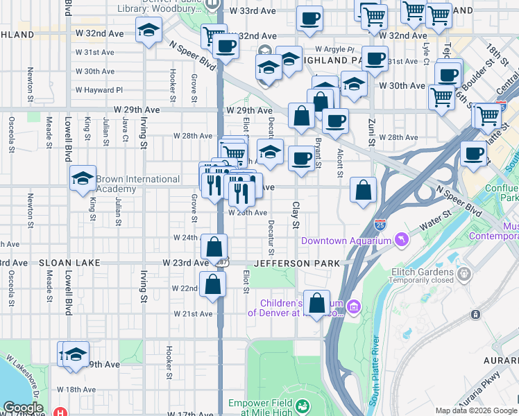 map of restaurants, bars, coffee shops, grocery stores, and more near 2812 West 26th Avenue in Denver