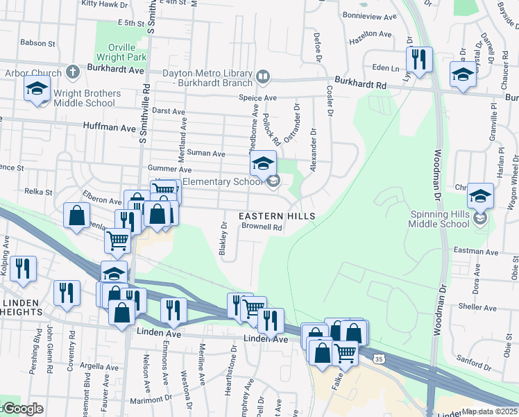 map of restaurants, bars, coffee shops, grocery stores, and more near 1917 Tuttle Avenue in Dayton