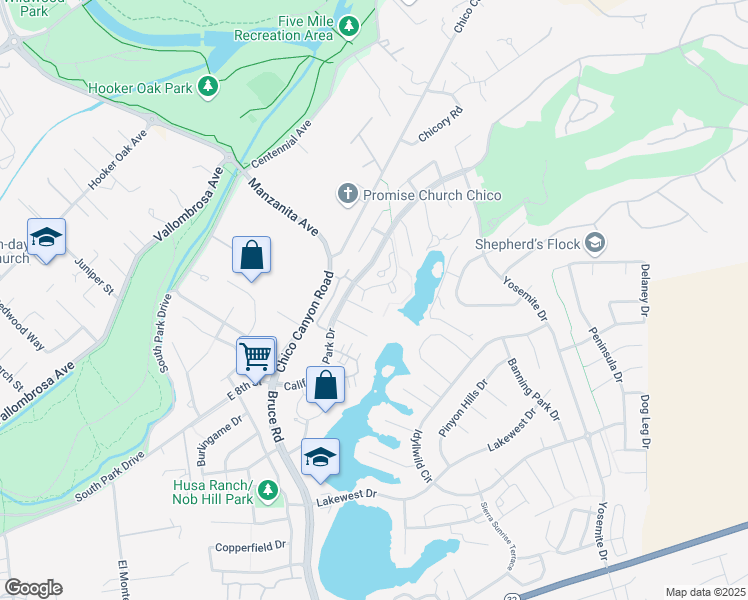 map of restaurants, bars, coffee shops, grocery stores, and more near 14 Upper Lake Court in Chico