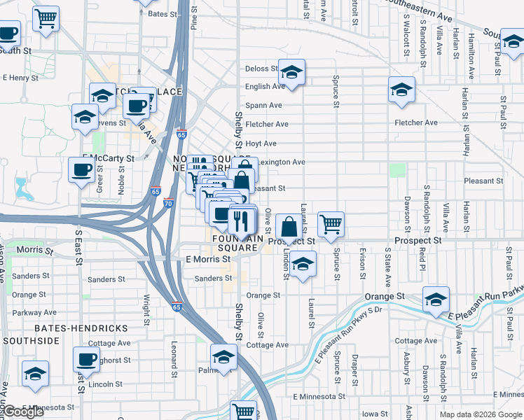 map of restaurants, bars, coffee shops, grocery stores, and more near 901 Shelby Street in Indianapolis