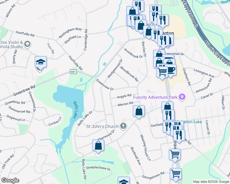 map of restaurants, bars, coffee shops, grocery stores, and more near 410 Greenview Drive in Washington Township
