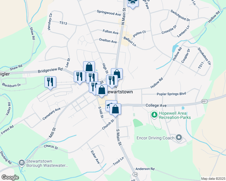 map of restaurants, bars, coffee shops, grocery stores, and more near 3 West Pennsylvania Avenue in Stewartstown