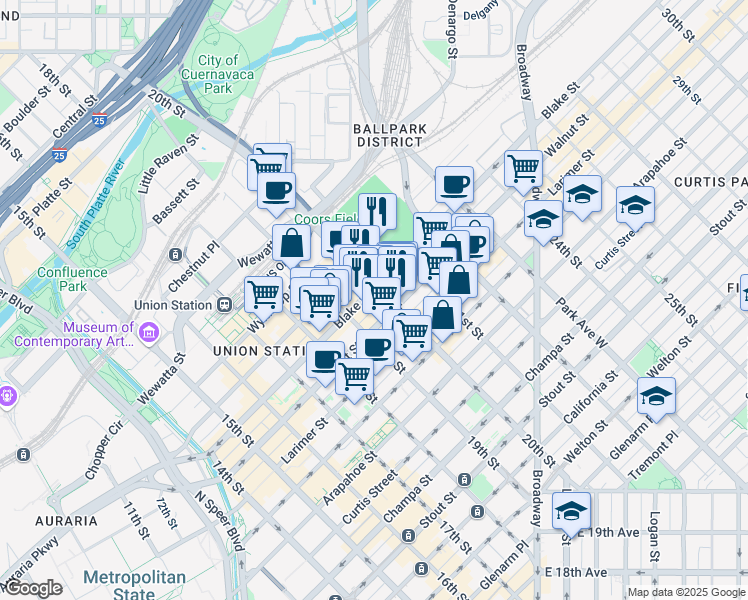 map of restaurants, bars, coffee shops, grocery stores, and more near 2005 Market Street in Denver