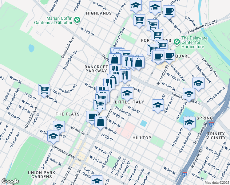 map of restaurants, bars, coffee shops, grocery stores, and more near 1015 North Lincoln Street in Wilmington