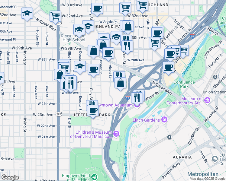 map of restaurants, bars, coffee shops, grocery stores, and more near 2480 West 26th Avenue in Denver