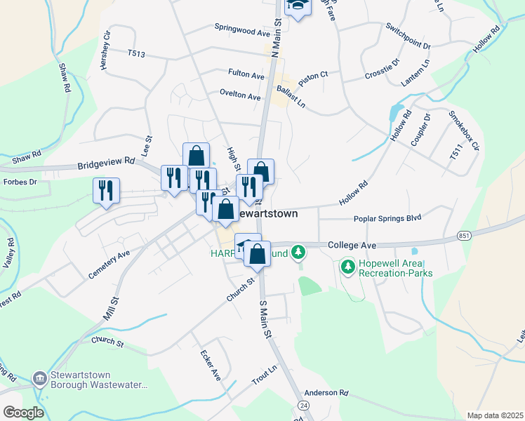 map of restaurants, bars, coffee shops, grocery stores, and more near 1 North Main Street in Stewartstown