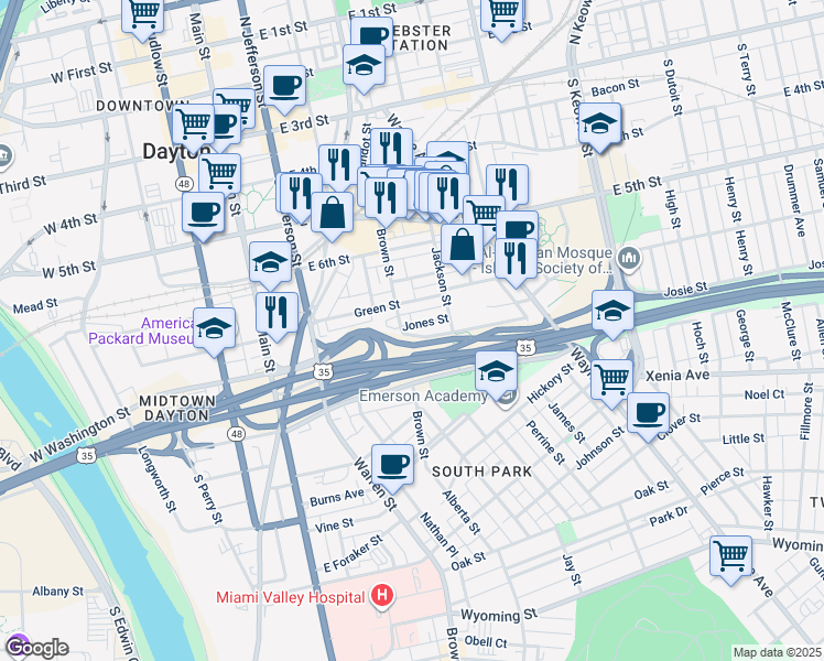 map of restaurants, bars, coffee shops, grocery stores, and more near 212 Green Street in Dayton