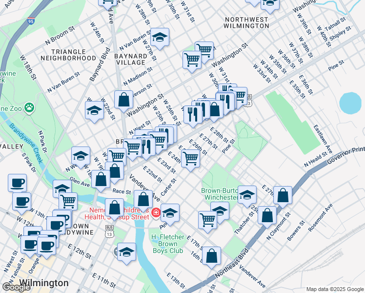 map of restaurants, bars, coffee shops, grocery stores, and more near 1 East 25th Street in Wilmington