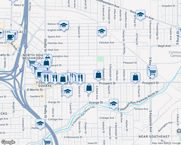 map of restaurants, bars, coffee shops, grocery stores, and more near 1612 Woodlawn Avenue in Indianapolis