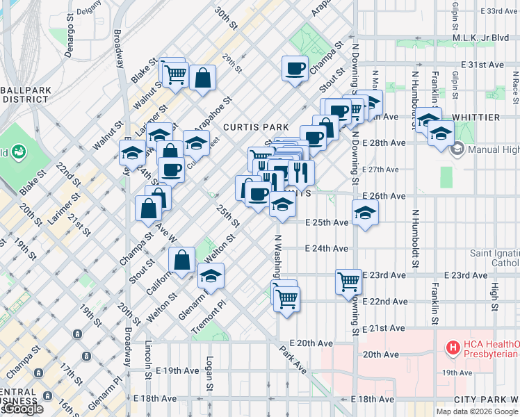 map of restaurants, bars, coffee shops, grocery stores, and more near 2627 Welton Street in Denver