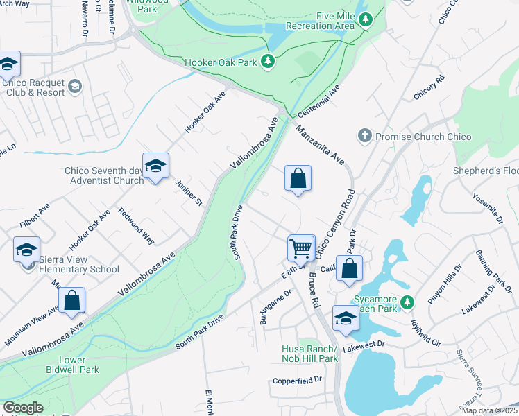 map of restaurants, bars, coffee shops, grocery stores, and more near 102 Centennial Avenue in Chico