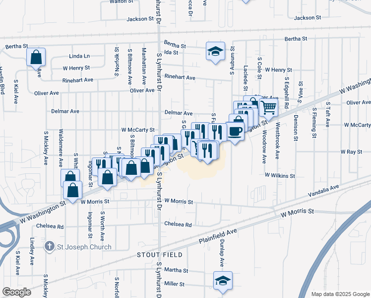 map of restaurants, bars, coffee shops, grocery stores, and more near 5174 West Washington Street in Indianapolis
