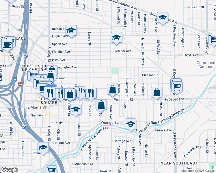map of restaurants, bars, coffee shops, grocery stores, and more near 1630 Woodlawn Avenue in Indianapolis