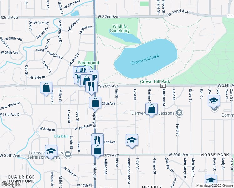 map of restaurants, bars, coffee shops, grocery stores, and more near 2561-2599 Iris Street in Lakewood
