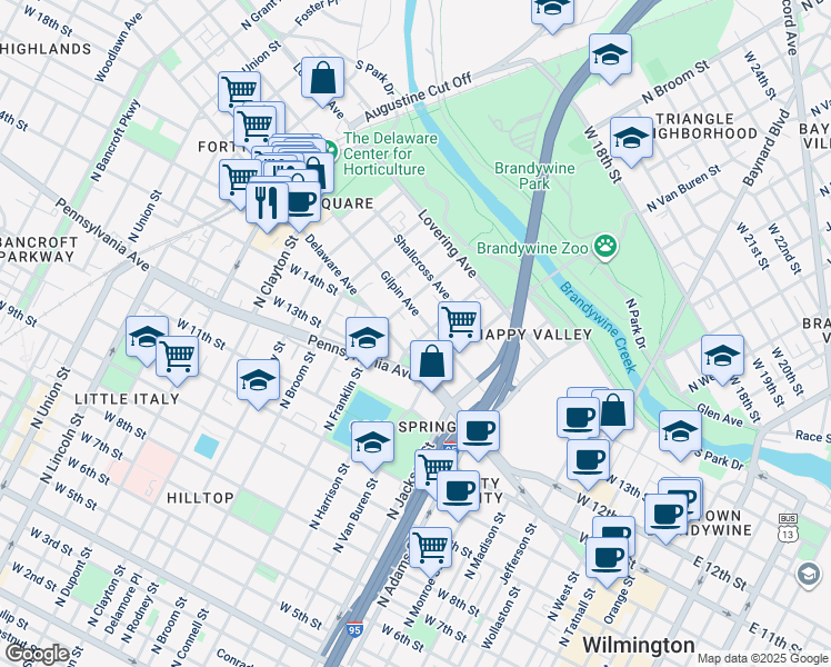 map of restaurants, bars, coffee shops, grocery stores, and more near 1301 North Harrison Street in Wilmington