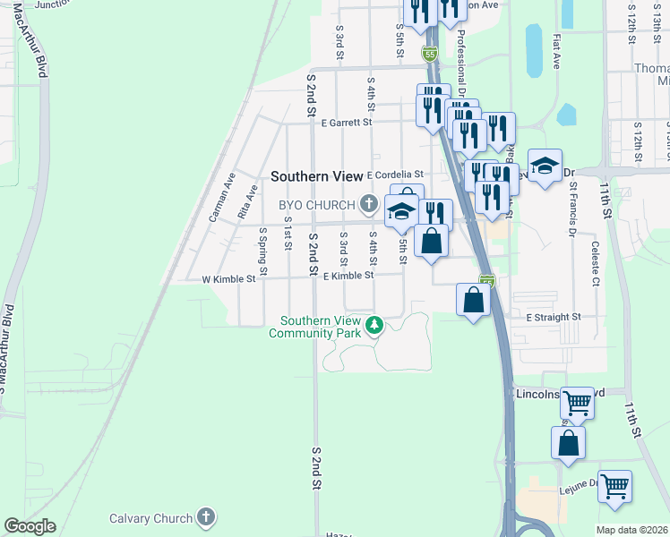 map of restaurants, bars, coffee shops, grocery stores, and more near 3300-3398 South 2nd Street in Southern View