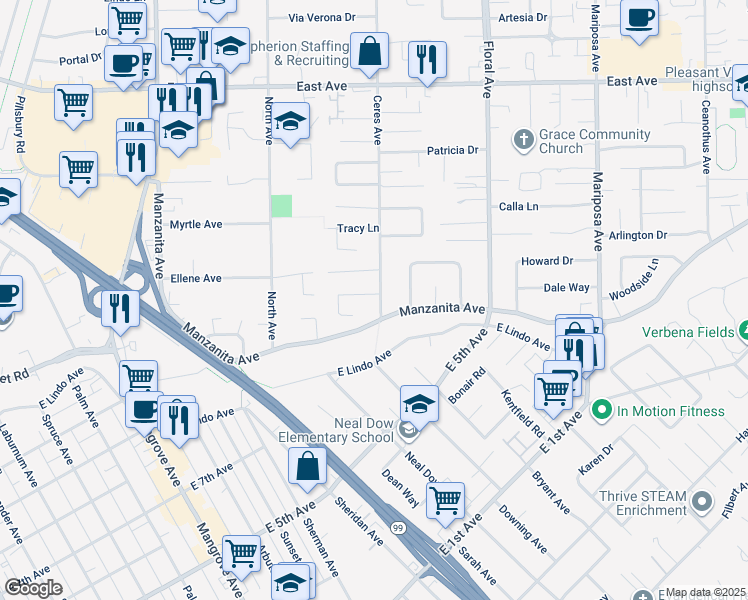 map of restaurants, bars, coffee shops, grocery stores, and more near 1 Highland Circle in Chico