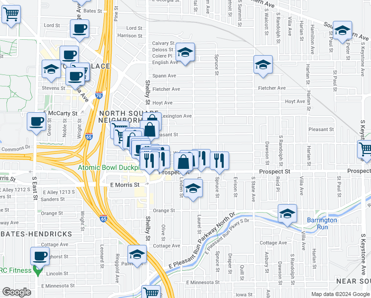 map of restaurants, bars, coffee shops, grocery stores, and more near 1306 Woodlawn Avenue in Indianapolis