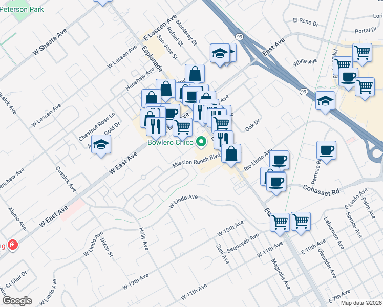 map of restaurants, bars, coffee shops, grocery stores, and more near 120 Menlo Way in Chico