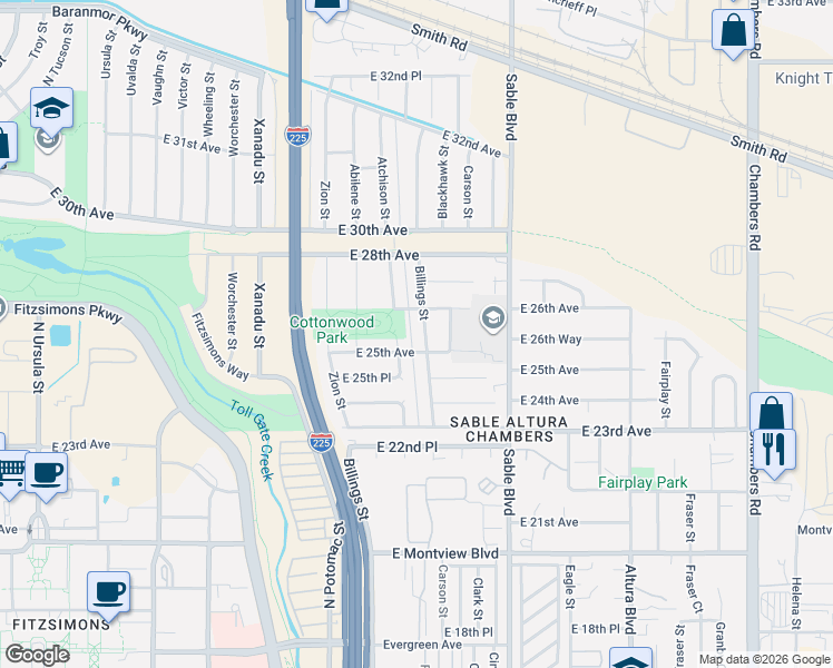 map of restaurants, bars, coffee shops, grocery stores, and more near 2591 Billings Street in Aurora