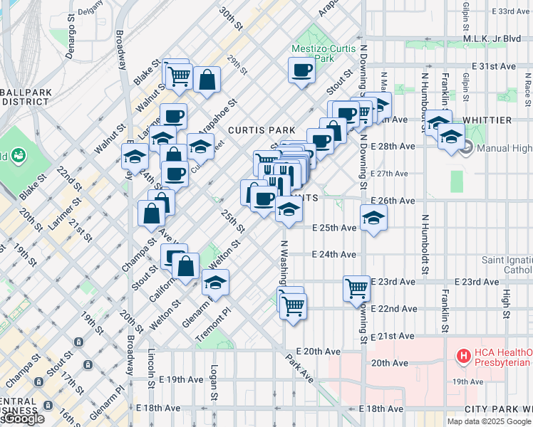 map of restaurants, bars, coffee shops, grocery stores, and more near 2600 Welton Street in Denver