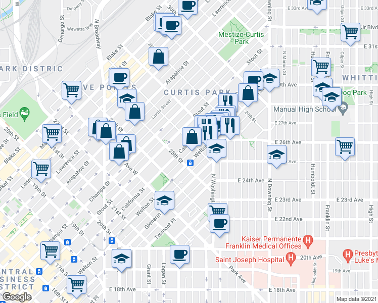 map of restaurants, bars, coffee shops, grocery stores, and more near 2599 California Street in Denver