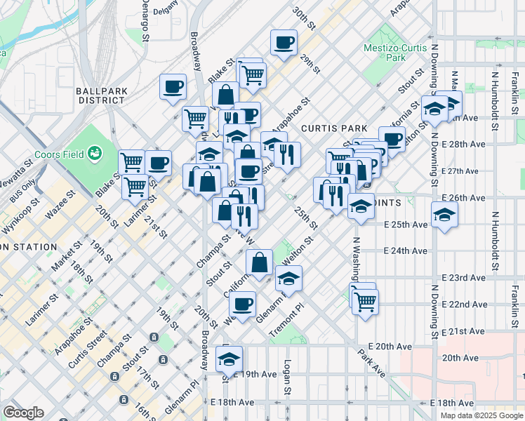 map of restaurants, bars, coffee shops, grocery stores, and more near in Denver